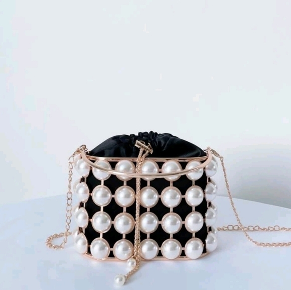 Mini Faux Pearl Decor Drawstring Design Chain Satin Box Bag - Picture 2 of 8